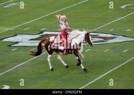 Mascot War Paint gallops on the field prior to the game between