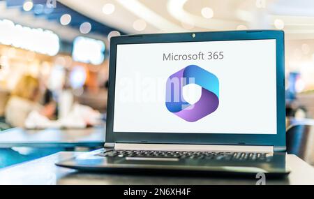 POZNAN, POL - JAN 19, 2023: Laptop computer displaying logo of Microsoft 365, a product family of productivity software, collaboration and cloud-based Stock Photo