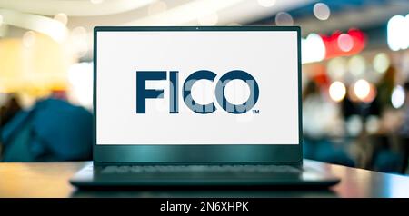POZNAN, POL - MAY 4, 2022: Laptop computer displaying logo of FICO, a data analytics company based in San Jose, California, focused on credit scoring Stock Photo