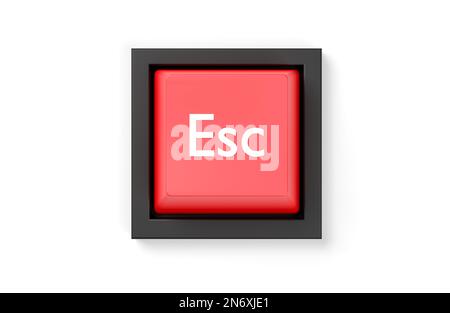 Single, red computer keyboard escape key over white background, stop, quit or exit business concept, flat lay top view from above, 3D illustration Stock Photo
