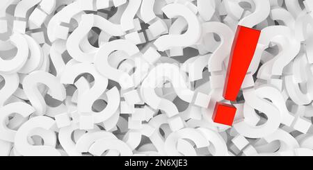 Red exclamation mark on heap of white question marks, problem or answer or solution symbol concept, 3D illustration Stock Photo