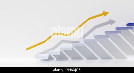 Floating white stairs or steps going up with orange rising graph on white wall background, business achievement or career goal concept, 3D illustratio Stock Photo