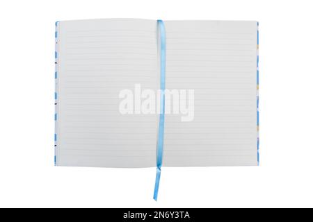 Open notebook empty pages top view. Lined notepad isolated on white background. Note book spreadsheet pages. Opened dairy or textbook mockup. Opened b Stock Photo