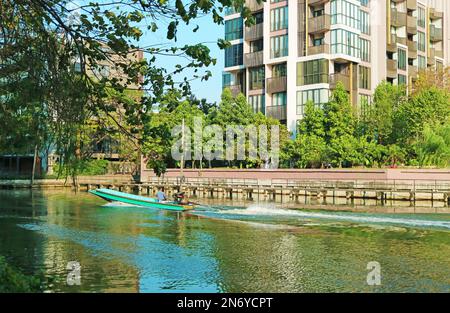 Thai Longtail Boat Called Rua Hang Yao Running on the Canals Throughout Bangkok City Stock Photo