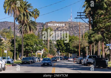 A picture of the Hollywood sign as seen from North Beachwood Drive. Stock Photo