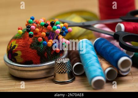 Various sewing utensils in close-up Stock Photo