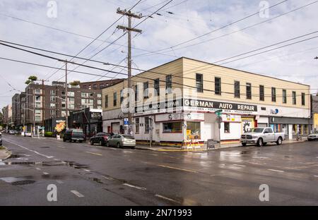 Seattle, Washington, USA. A street corner with car repair shop in the Capitol Hill | Seattle, Washington, USA. . A street corner in the Capitol Hill area Stock Photo