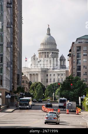 Providence. View of the Rhode Island State House through Exchange Street. Center of Providence, Rhode Island. Stock Photo