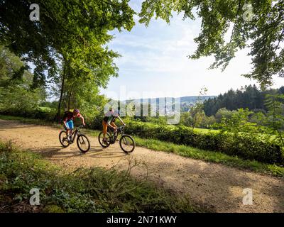 e-mountain biker on forest road in Luxembourg. City of Mersch in the background. Stock Photo