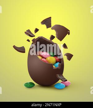 Broken chocolate egg with candies on yellow background Stock Photo