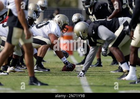 New Orleans Saints center Brian De La Puente (60), guard Ben Grubbs (66),  tackle Scott Winnewisser (78), and tackle Hutch Eckerson (79) watch drills  during training camp at their NFL football training