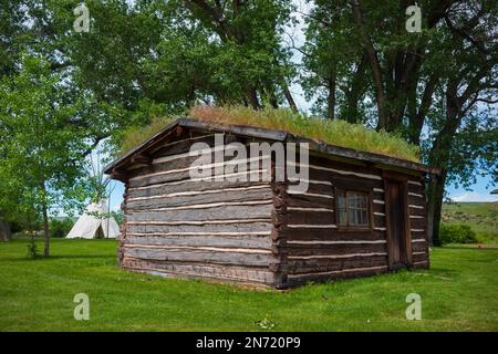 Pryor, MT, USA, Jun 24, 2022: Chief Plenty Coups State Park, former home of the last Crow Chief is a travel desination near Billings. A log cabin with Stock Photo