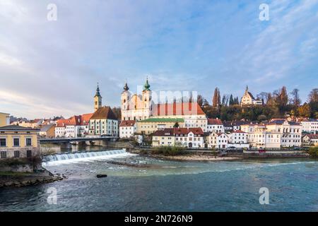 Steyr, Saint Michael's church, at the confluence of the Enns and Steyr rivers in Zentralraum, Upper Austria, Austria Stock Photo