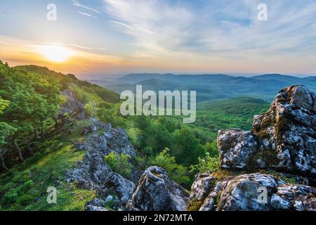 Solosnica (Breitenbrunn), summit Vapenna, sunrise, forest, mountains Male Karpaty (Little Carpathians) in Male Karpaty (Little Carpathians), Slovakia Stock Photo