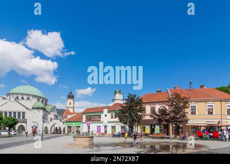 Trencin (Trentschin), Synagogue, Church and monastery of Piarists, Dol b na (Lower Gate), square Sturovo namestie in Slovakia Stock Photo