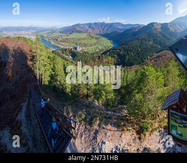 Strecno, Strecno castle, river Vah (Waag), Mala Fatra Mountains, from observation tower on Spicak summit in Slovakia Stock Photo