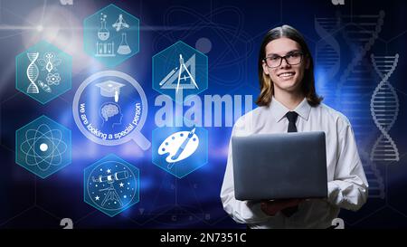 Young male using laptop ai for learning getting online education Stock Photo