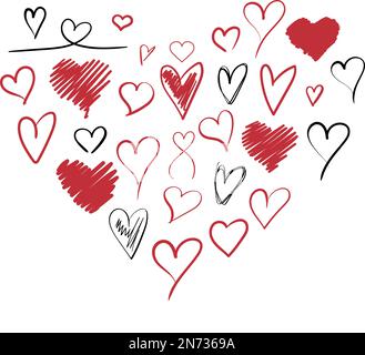 Hand drawn heart of hearts. Doodle simple hearts in different shapes. Love theme Stock Vector