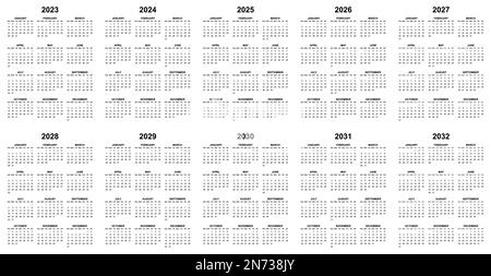 Simple editable vector calendars for year 2023,  2024, 2025, 2026, 2027, 2028. 2029, 2030, 2031, 2032 sundays in black first, easy to edit and use Stock Vector