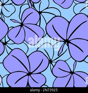 seamless asymmetrical pattern of clover leaves in blue tones and black contouros, design, texture Stock Photo