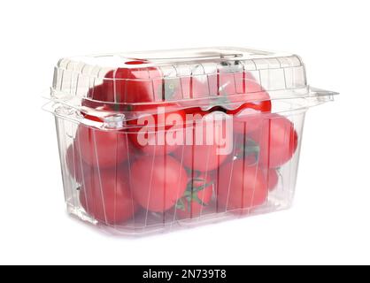Fresh ripe cherry tomatoes in plastic container on white background Stock Photo