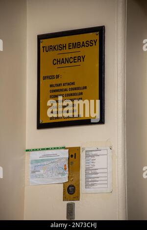 London, UK – Feb 10, 2023: Turkey’s Embassy in Belgrave Square. On the 6th of February 2023, an earthquake with multiple aftershocks struck southern and central Turkey, and northern and western Syria. Mr. Erdogan declared a seven-day national mourning in Turkey over the deadly quakes. More than 23,000 people have died so far both in Turkey and Syria.  Credit: Sinai Noor/Alamy Live News Stock Photo