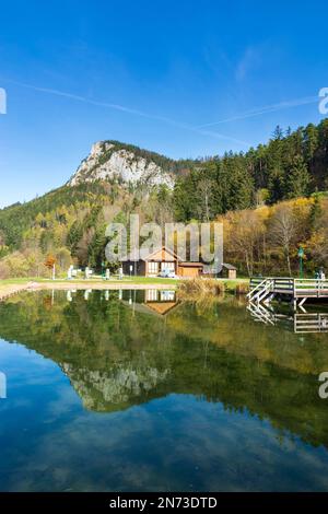 Schwarzau im Gebirge, fish pond, mountain Falkenstein in Vienna Alps, Lower Austria, Austria Stock Photo