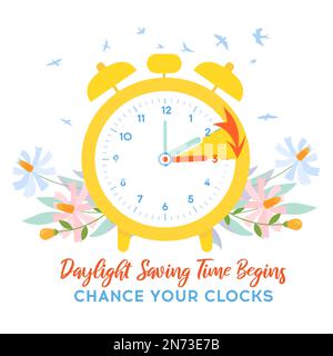 Daylight Saving Time Begins banner. Spring Forward. Guide banner with clocks. Arrow of Clocks turning one hour ahead. Vector illustration in spring st Stock Vector