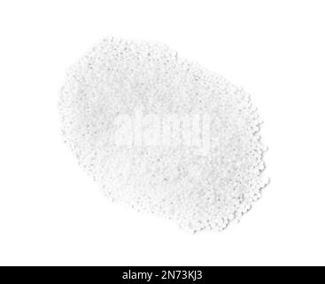 Pellets of ammonium nitrate on light grey background, flat lay. Mineral fertilizer Stock Photo