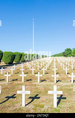 Vosges (Vogesen) Mountains, war cemetery at Hartmannswillerkopf (Vieil Armand, Hartmannsweiler Kopf), national monument, sight of World War I for the fighting which took place in the trenches here, French flag, headstones in Alsace (Elsass), Haut-Rhin (Oberelsass), France Stock Photo