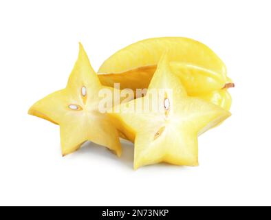 Cut and whole carambolas on white background Stock Photo