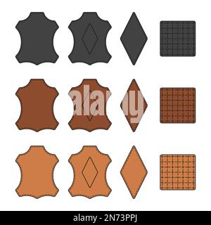 Set of color illustration with sign of genuine leather, textiles, other materials. Isolated vector objects on a white background. Stock Vector