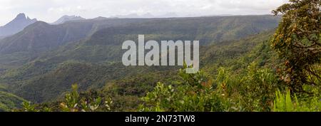 Panoramic view of Black River Gorges National Park, Gorges Viewpoint in Mauritius. It covers an area of 67.54 km including humid upland forest, drier lowland forest and marshy heathland. Stock Photo