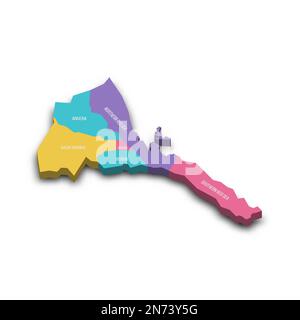 Eritrea political map of administrative divisions - regions. Colorful 3D vector map with dropped shadow and country name labels. Stock Vector