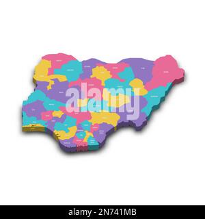 Nigeria political map of administrative divisions - states and federal capital territory. Colorful 3D vector map with dropped shadow and country name labels. Stock Vector