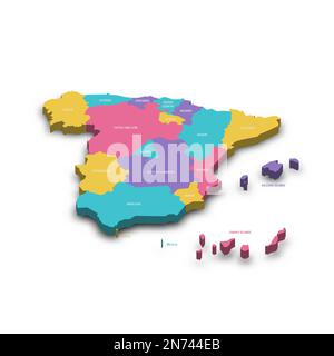 Spain political map of administrative divisions - autonomous communities and autonomous cities of Ceuta and Melilla. Colorful 3D vector map with dropped shadow and country name labels. Stock Vector