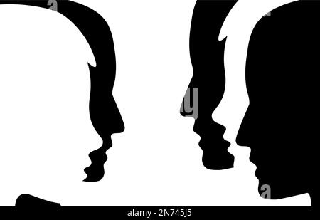 Discussion and contrasts between a group of people. Human head in silhouette. Concept of dialogue, meeting and talk show Stock Vector
