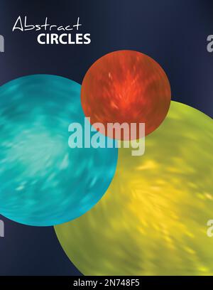 Abstract pattern with yellow, turquoise and orange circles on a dark blue background. Vector graphic template of cover Stock Vector