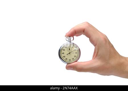 Stopwatch in hand white background Stock Photo