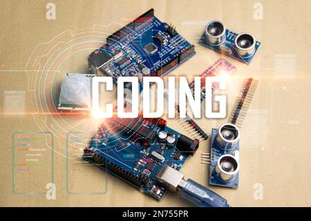 The concept of writing a set of instructions or a computer program in the form of code. Stock Photo