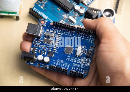 mainboard top view writing a set of instructions or a computer program in code form Stock Photo