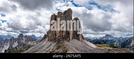 Scenic view of the famous 3 Zinnen mountains seen from the east side, the Dolomites Nature Park in South Tirol Stock Photo