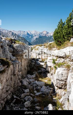 Remains of military trenches on Mount Piano in the Dolomite Alps, built during the First World War, South Tirol Stock Photo