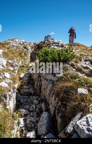 Remains of military trenches on Mount Piano in the Dolomite Alps, built during the First World War, South Tirol Stock Photo