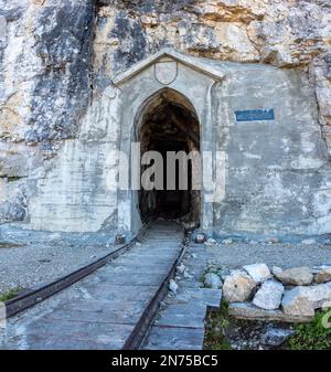 Remains of military tunnel on Mount Piano in the Dolomite Alps, built during the First World War, South Tirol Stock Photo