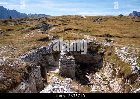 Remains of military trenches on Mount Piano in the Dolomite Alps, built during the First World War, South Tirol Stock Photo