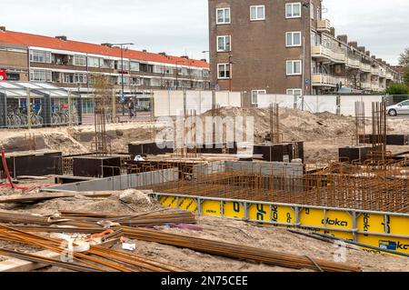 overview of a building site with concrete braid and reinforcing steel ...