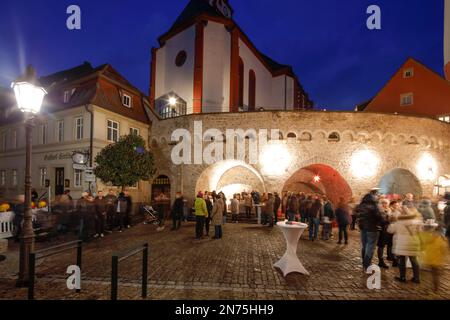 St. Augustine, city parish church, market, Christmas market, Advent, blue hour, Dettelbach, Franconia, Bavaria, Germany, Europe Stock Photo