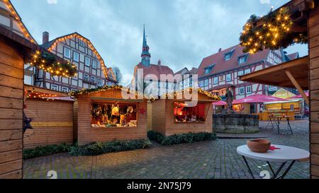 Christmas market, marketplace, town hall, blue hour, advent, Schlitz, Vogelbergskreis, Hessen, Germany, Europe Stock Photo