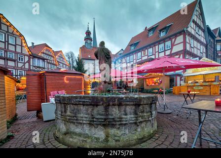 Christmas market, marketplace, town hall, blue hour, advent, Schlitz, Vogelbergskreis, Hessen, Germany, Europe Stock Photo